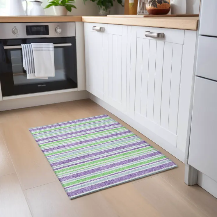 2' X 3' Green Purple and Blue Striped Washable Non Skid Indoor Outdoor Area Rug