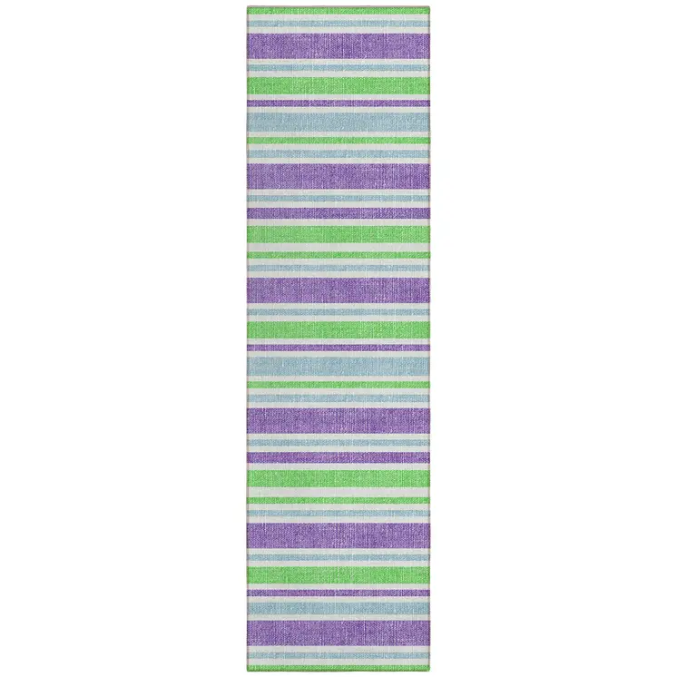 2' X 8' Green Purple and Blue Striped Washable Non Skid Indoor Outdoor Runner Rug