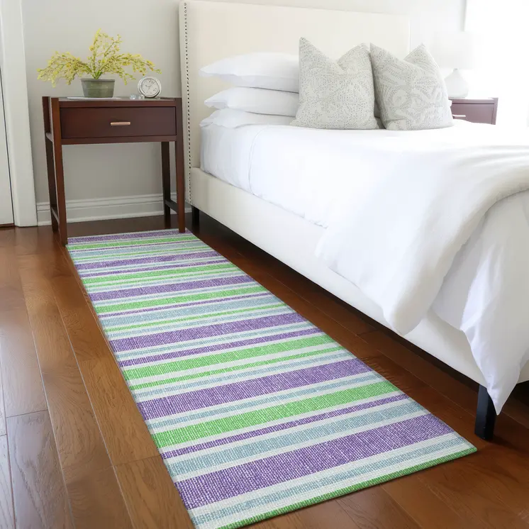 2' X 8' Green Purple and Blue Striped Washable Non Skid Indoor Outdoor Runner Rug