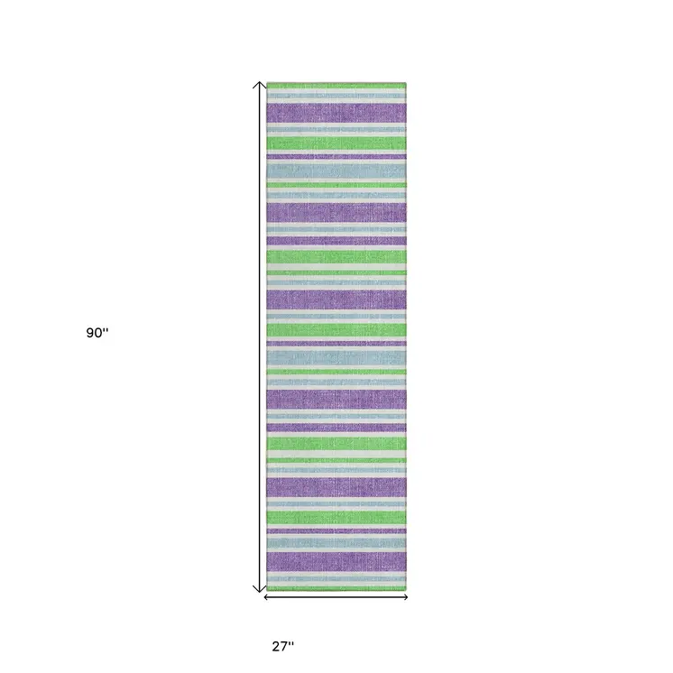 2' X 8' Green Purple and Blue Striped Washable Non Skid Indoor Outdoor Runner Rug