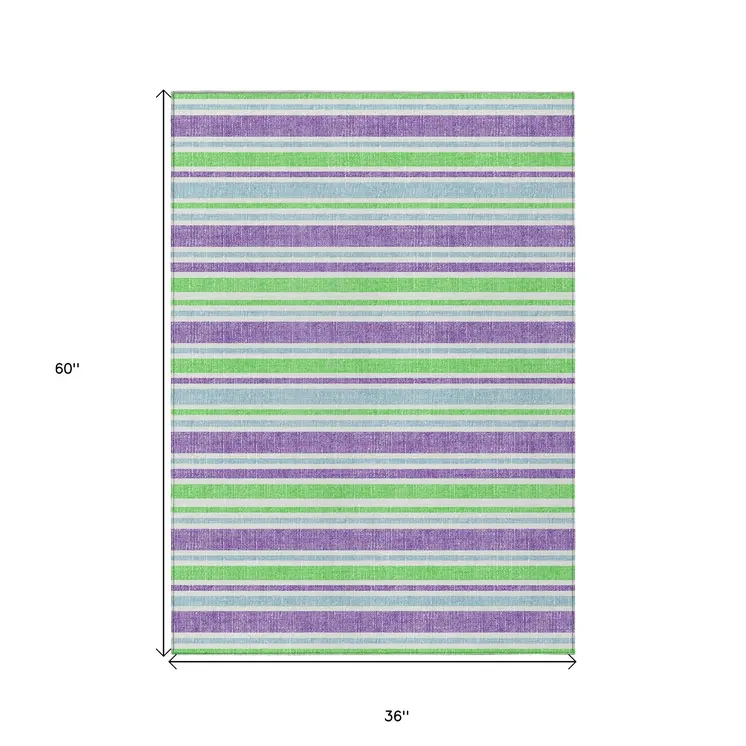 3' X 5' Green Purple and Blue Striped Washable Non Skid Indoor Outdoor Area Rug