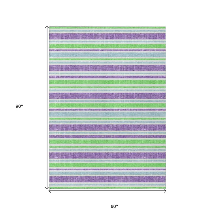5' X 8' Green Purple and Blue Striped Washable Non Skid Indoor Outdoor Area Rug