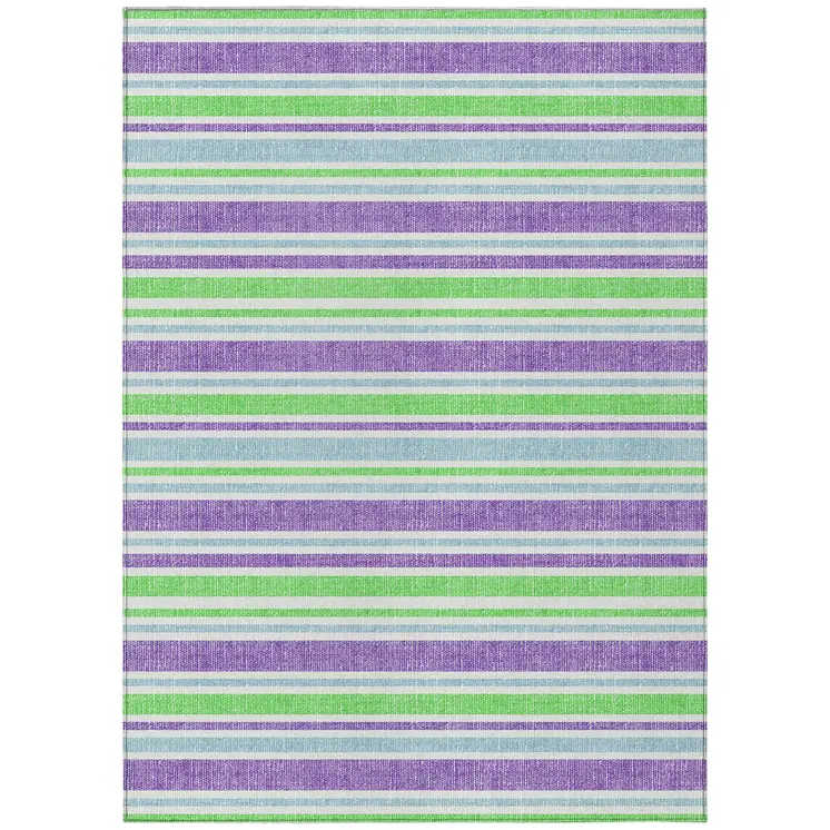 5' X 8' Green Purple and Blue Striped Washable Non Skid Indoor Outdoor Area Rug