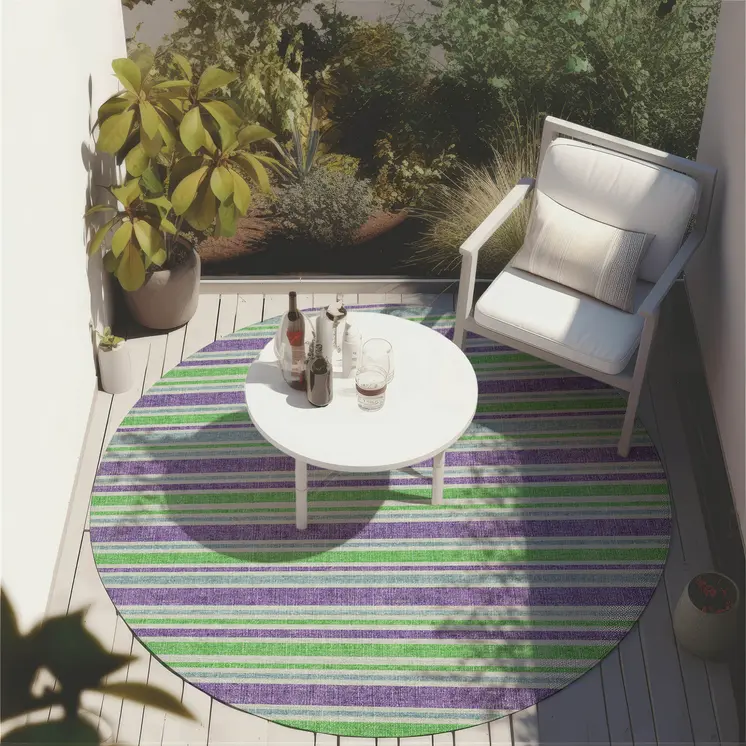 8' X 8' Green Purple and Blue Round Striped Washable Non Skid Indoor Outdoor Area Rug