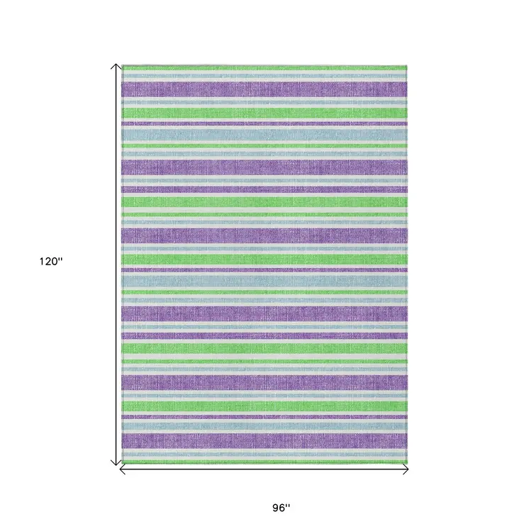 8' X 10' Green Purple and Blue Striped Washable Non Skid Indoor Outdoor Area Rug