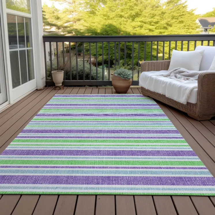 8' X 10' Green Purple and Blue Striped Washable Non Skid Indoor Outdoor Area Rug