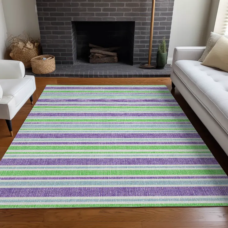 8' X 10' Green Purple and Blue Striped Washable Non Skid Indoor Outdoor Area Rug