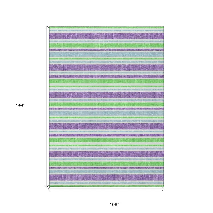 9' X 12' Green Purple and Blue Striped Washable Non Skid Indoor Outdoor Area Rug