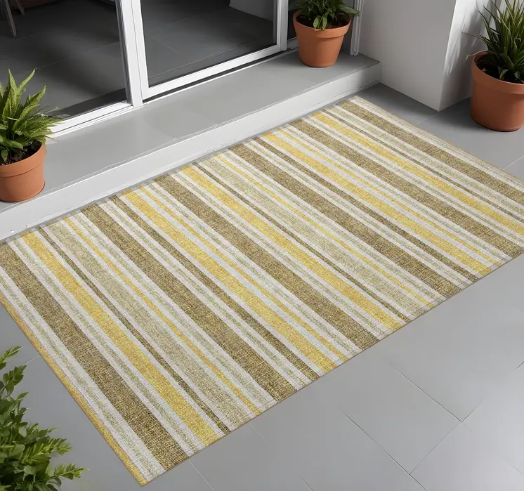 2' X 3' Brown and Orange Striped Washable Indoor Outdoor Area Rug