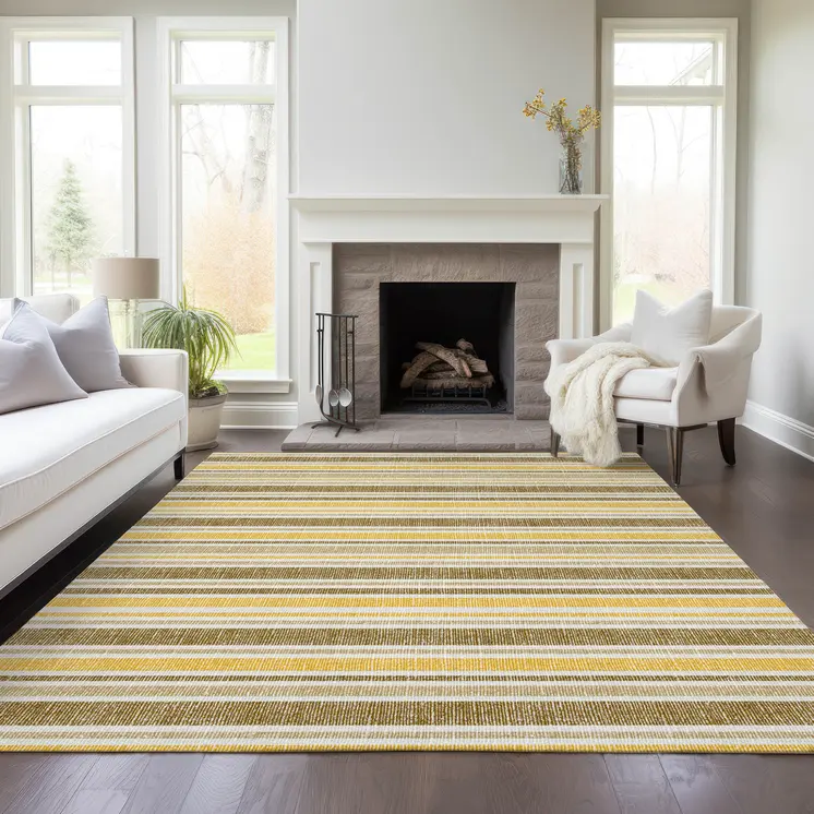 5' X 8' Brown and Orange Striped Washable Indoor Outdoor Area Rug