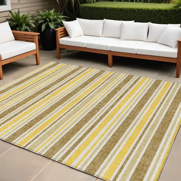 8' X 10' Brown and Orange Striped Washable Non Skid Indoor Outdoor Area Rug