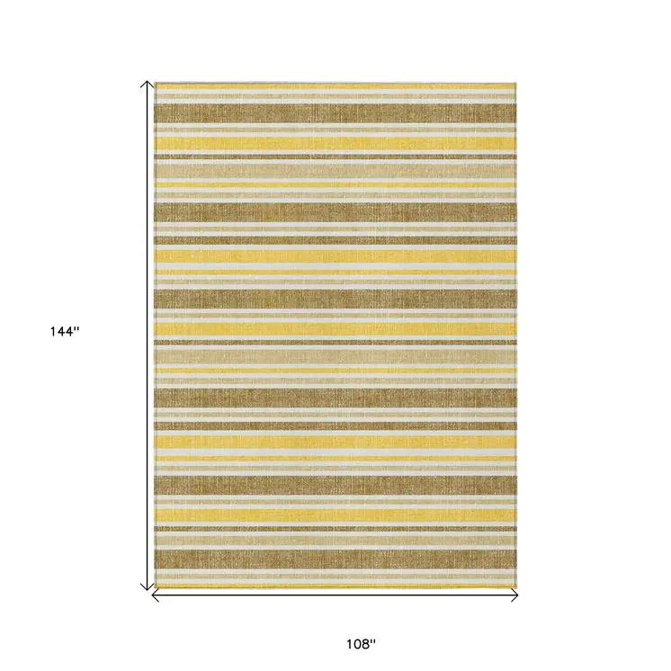 9' X 12' Brown And Orange Striped Washable Indoor Outdoor Area Rug