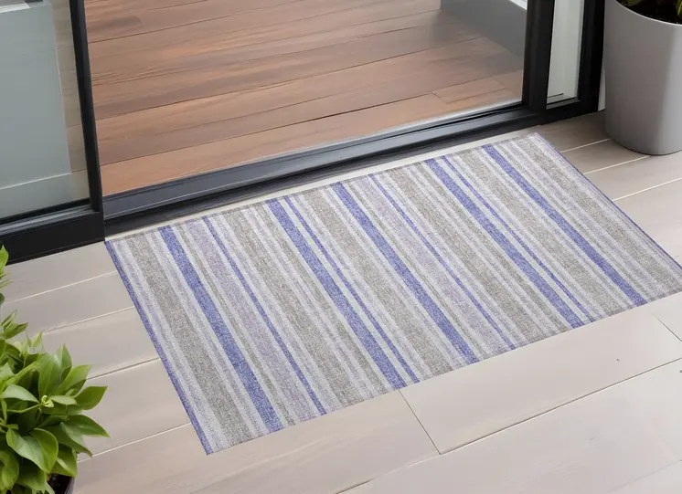 2' X 3' Ivory Blue and Gray Striped Washable Non Skid Indoor Outdoor Area Rug
