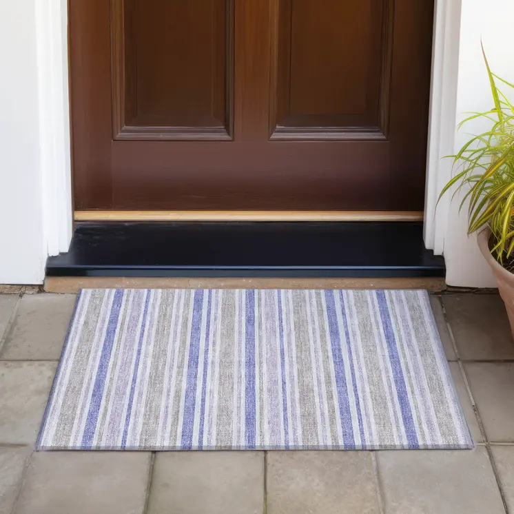 2' X 3' Ivory Blue and Gray Striped Washable Non Skid Indoor Outdoor Area Rug