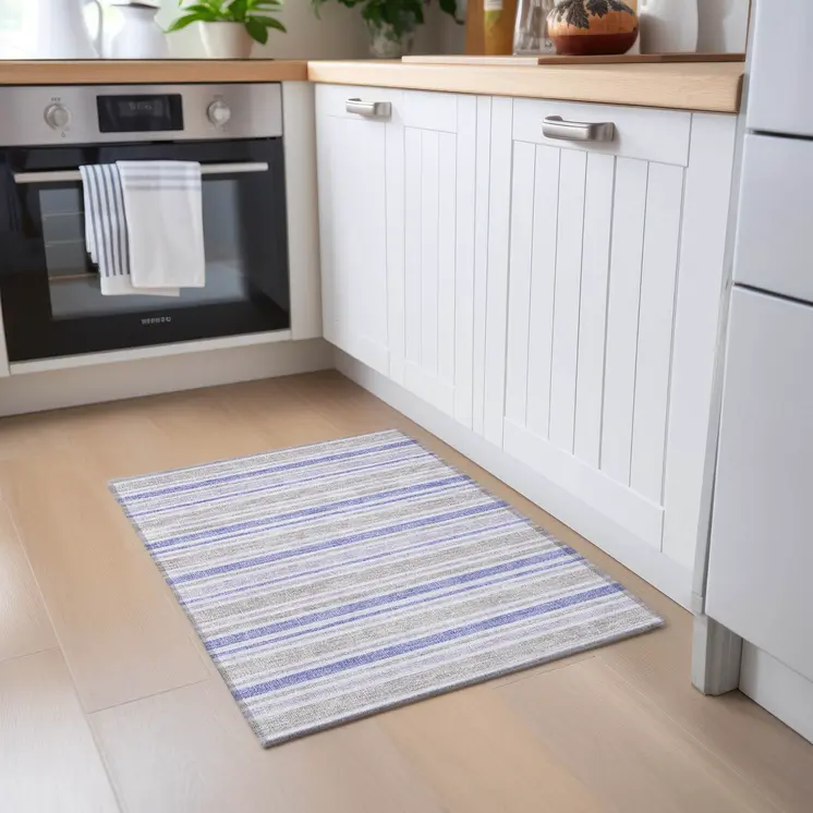 2' X 3' Ivory Blue and Gray Striped Washable Non Skid Indoor Outdoor Area Rug