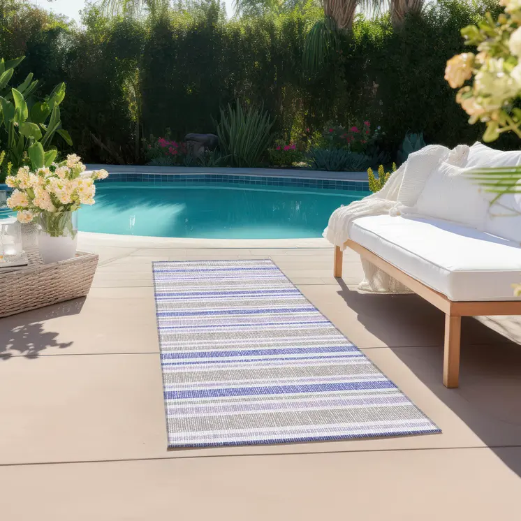 8' Navy Blue Striped Washable Indoor Outdoor Runner Rug