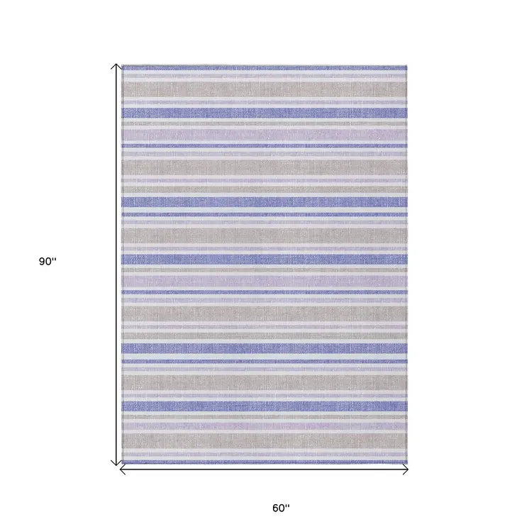 5' X 8' Ivory Blue And Gray Striped Washable Indoor Outdoor Area Rug