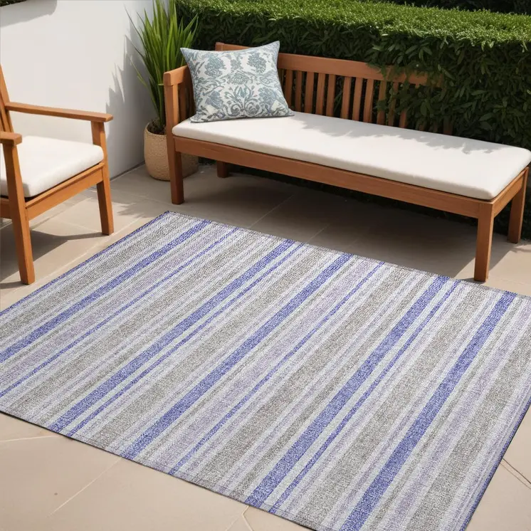 5' X 8' Ivory Blue And Gray Striped Washable Indoor Outdoor Area Rug