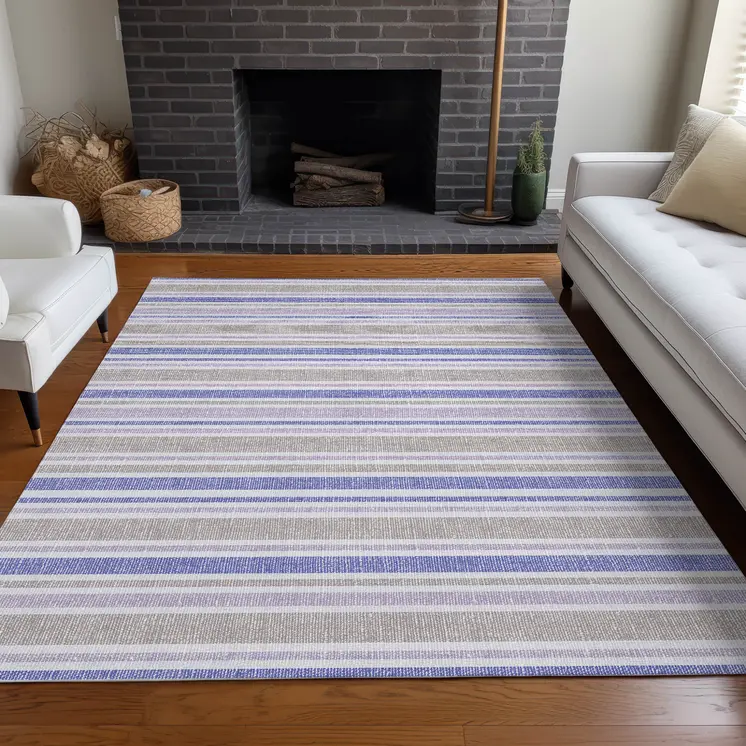 5' X 8' Ivory Blue And Gray Striped Washable Indoor Outdoor Area Rug