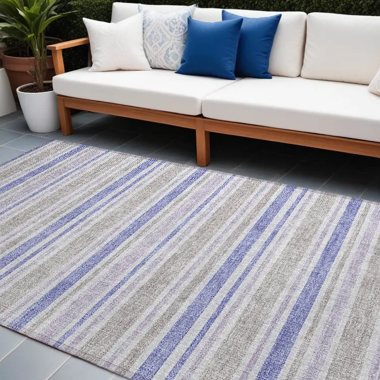 9' X 12' Ivory Blue And Gray Striped Washable Indoor Outdoor Area Rug
