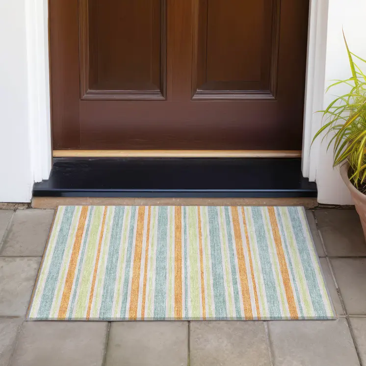 2' X 3' Orange Green and Blue Striped Washable Non Skid Indoor Outdoor Area Rug