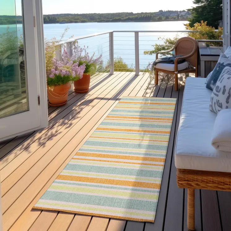 2' X 8' Orange Green and Blue Striped Washable Non Skid Indoor Outdoor Area Rug
