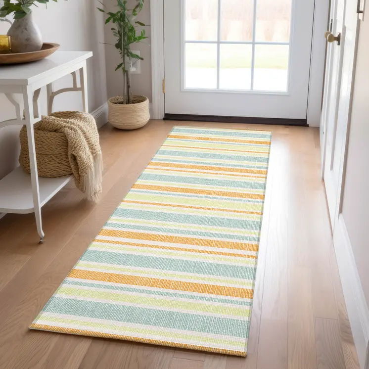 2' X 8' Orange Green and Blue Striped Washable Non Skid Indoor Outdoor Area Rug