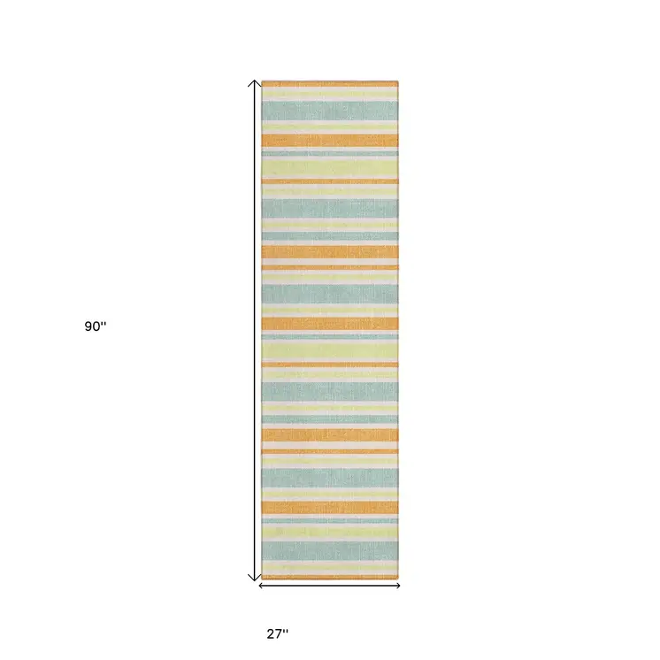 2' X 8' Orange Green and Blue Striped Washable Non Skid Indoor Outdoor Area Rug