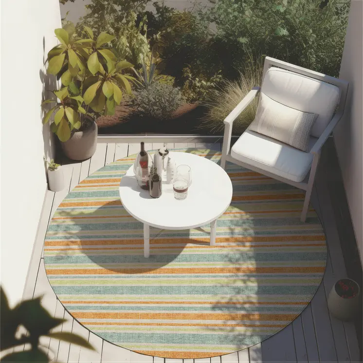 8' Round Orange Round Striped Washable Non Skid Indoor Outdoor Area Rug