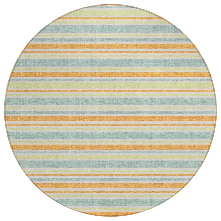 8' Round Orange Round Striped Washable Non Skid Indoor Outdoor Area Rug