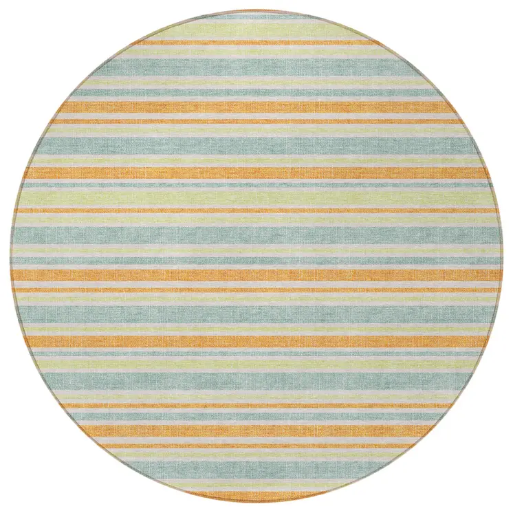 8' Round Orange Round Striped Washable Non Skid Indoor Outdoor Area Rug