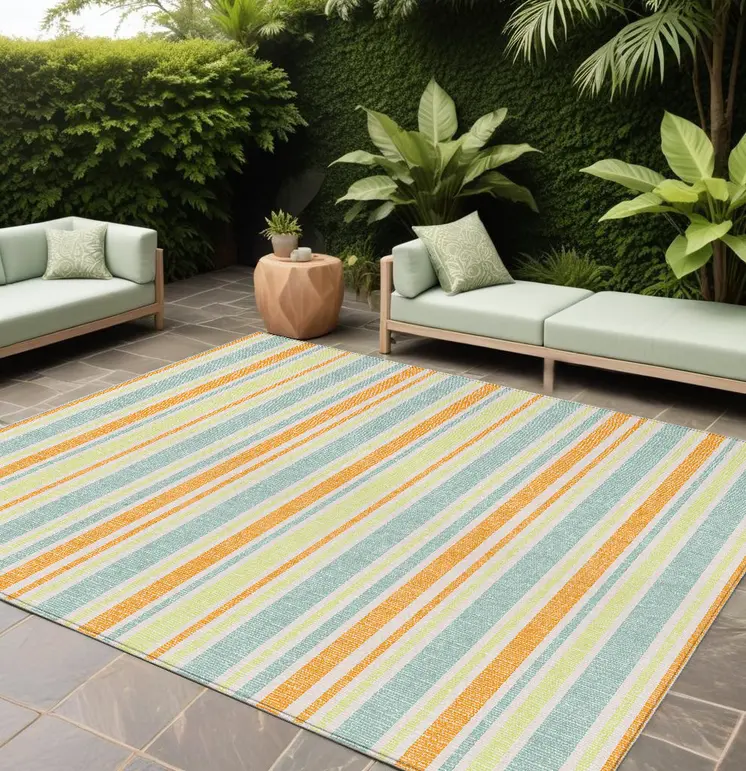 10' X 14' Orange Striped Washable Non Skid Indoor Outdoor Area Rug