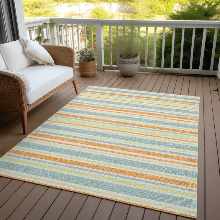10' X 14' Orange Striped Washable Non Skid Indoor Outdoor Area Rug