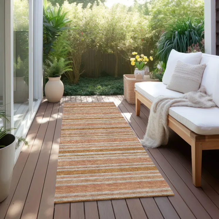 8' Beige And Orange Striped Washable Indoor Outdoor Runner Rug