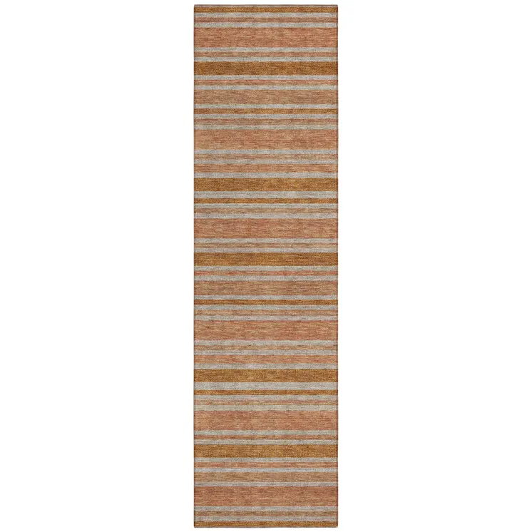 8' Beige And Orange Striped Washable Indoor Outdoor Runner Rug