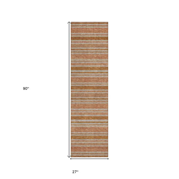 8' Beige And Orange Striped Washable Indoor Outdoor Runner Rug