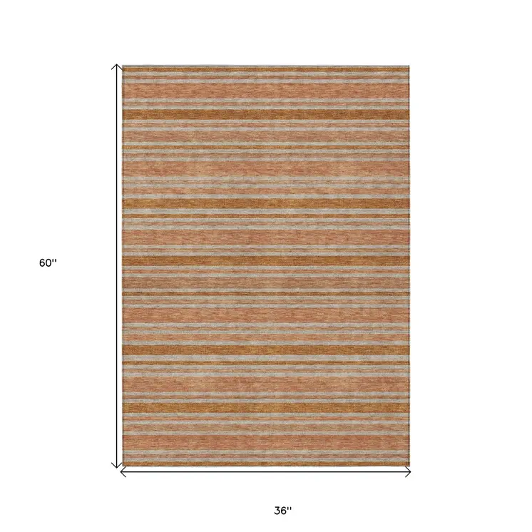 3' X 5' Beige and Orange Striped Washable Non Skid Indoor Outdoor Area Rug