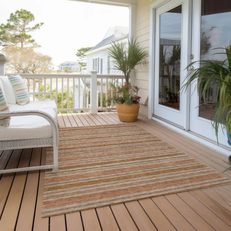 3' X 5' Beige and Orange Striped Washable Non Skid Indoor Outdoor Area Rug
