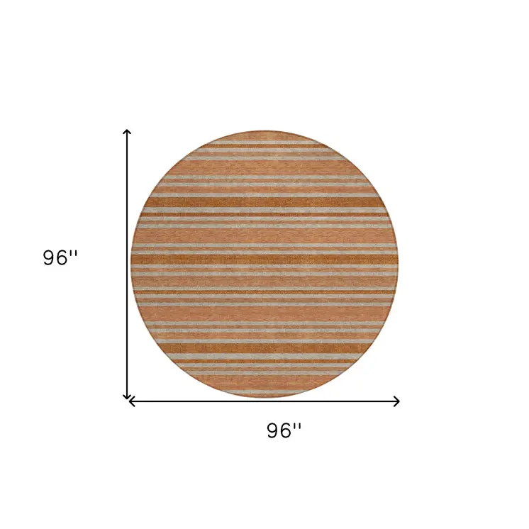 8' Round Beige and Orange Round Striped Washable Non Skid Indoor Outdoor Area Rug