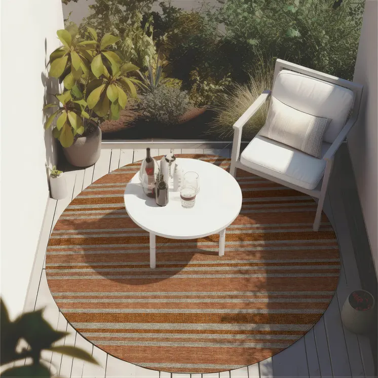 8' Round Beige and Orange Round Striped Washable Non Skid Indoor Outdoor Area Rug