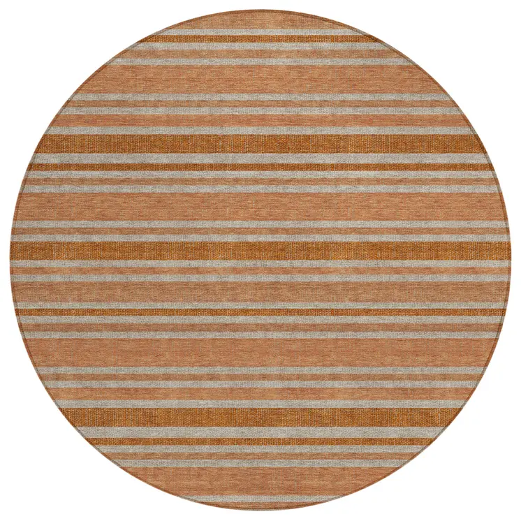 8' Round Beige and Orange Round Striped Washable Non Skid Indoor Outdoor Area Rug