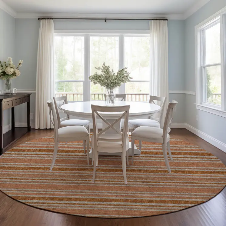 8' Round Beige and Orange Round Striped Washable Non Skid Indoor Outdoor Area Rug