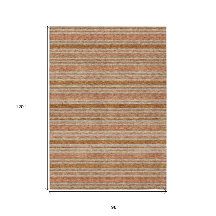 8' X 10' Beige and Orange Striped Washable Non Skid Indoor Outdoor Area Rug