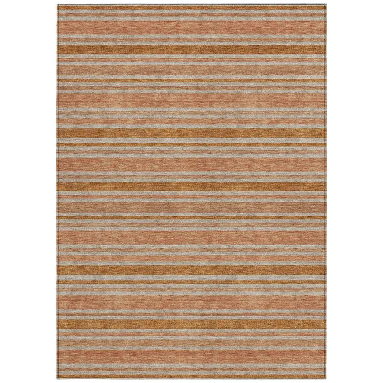10' X 14' Beige and Orange Striped Washable Non Skid Indoor Outdoor Area Rug