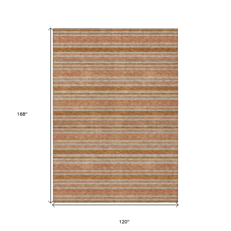 10' X 14' Beige and Orange Striped Washable Non Skid Indoor Outdoor Area Rug