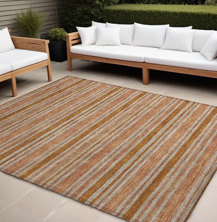 10' X 14' Beige and Orange Striped Washable Non Skid Indoor Outdoor Area Rug