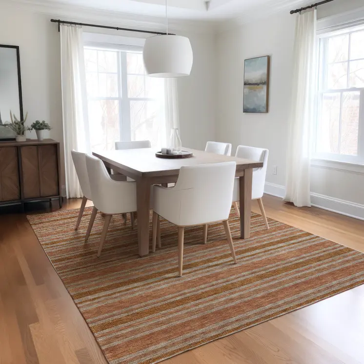 10' X 14' Beige and Orange Striped Washable Non Skid Indoor Outdoor Area Rug