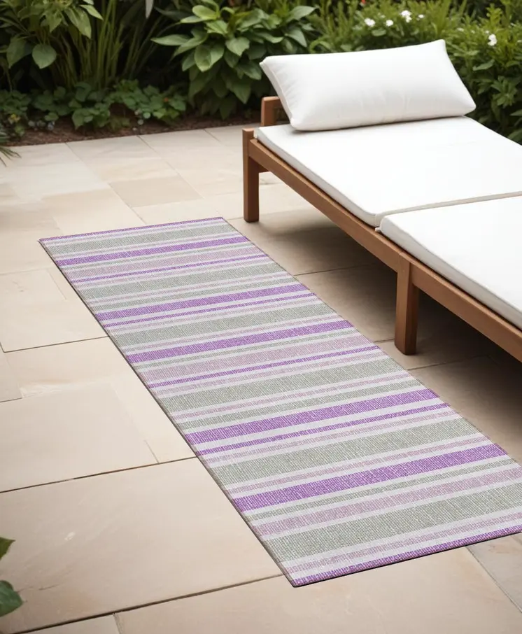 2' X 8' Purple Gray and White Striped Washable Non Skid Indoor Outdoor Area Rug
