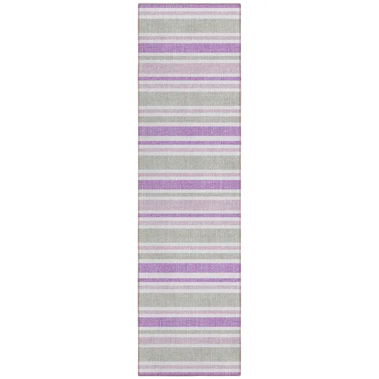 2' X 8' Purple Gray and White Striped Washable Non Skid Indoor Outdoor Area Rug