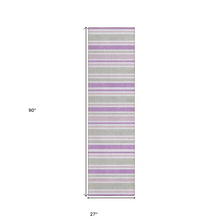 2' X 8' Purple Gray and White Striped Washable Non Skid Indoor Outdoor Area Rug